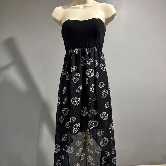 black strapless high-low maxi dress with skull print ~ goth - Picture 2 of 6